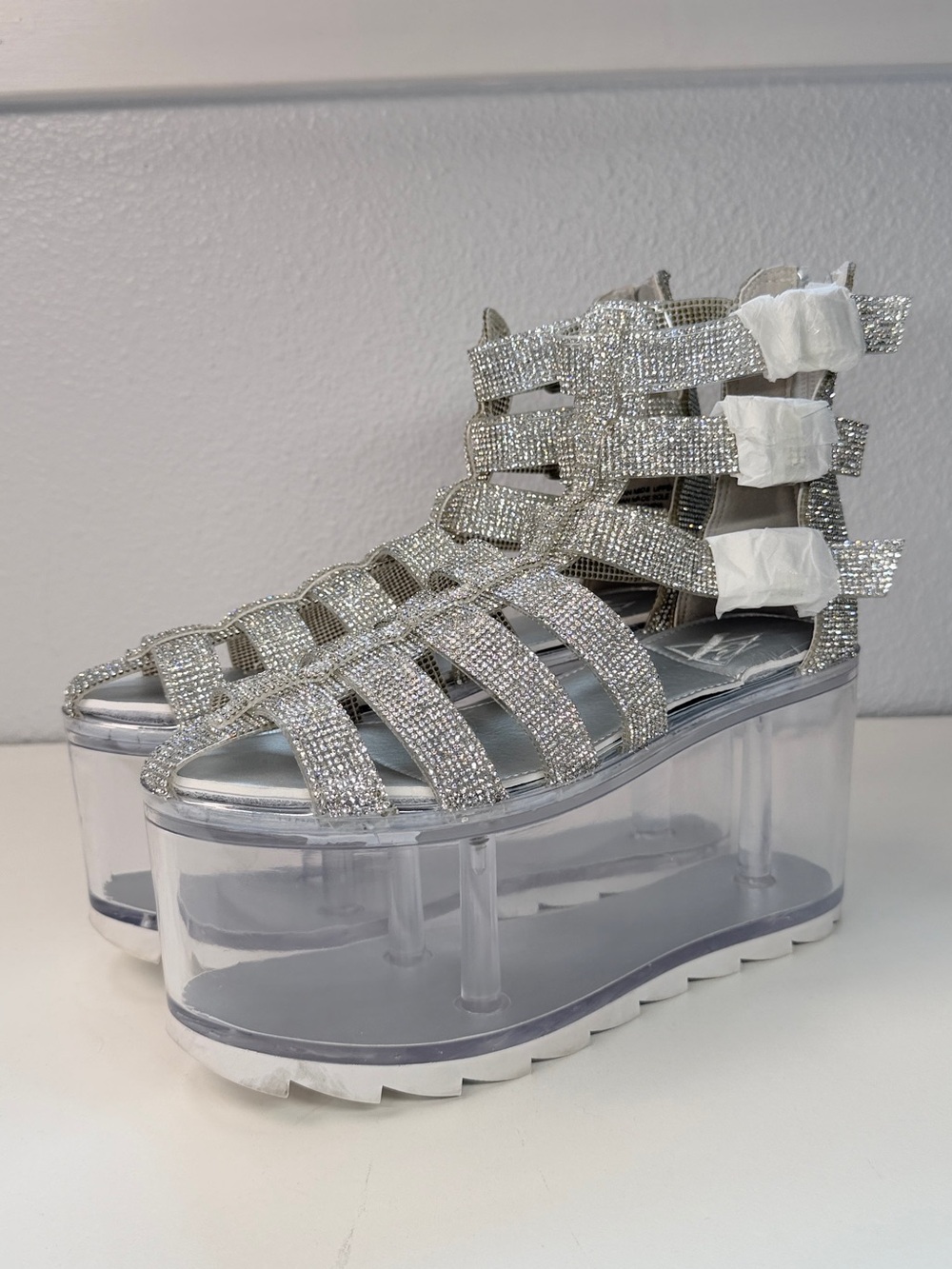 Rhinestone Sparkle Platform Sandals Clear Fillable bottom Shoes Size 9 Fun